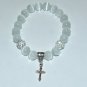 White Cat's Eye Mexican Opal Stretch Bracelet with Antique Silver-Tone Ornate Cross 7.25"