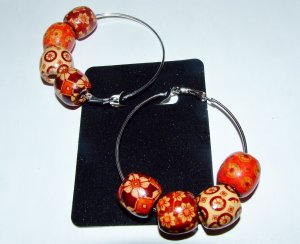 Wooden Hand Painted Drum Bead Silver Plated Earrings 60 MM