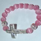 Pink Cat's Eye Mexican Opal Sideways Cross Stretch Bracelet 7.25"