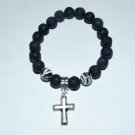 Black Lava Stone Stretch Bracelet W/ Antique Silver-Tone Cross and Turkish Turquoise  7.750"