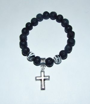 Black Lava Stone Stretch Bracelet W/ Antique Silver-Tone Cross and Turkish Turquoise  7.750"
