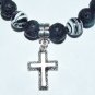 Black Lava Stone Stretch Bracelet W/ Antique Silver-Tone Cross and Turkish Turquoise  7.750"