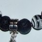 Black Lava Stone Stretch Bracelet W/ Antique Silver-Tone Cross and Turkish Turquoise  7.750"