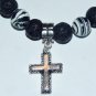 Black Lava Stone Stretch Bracelet W/ Antique Silver-Tone Cross and Turkish Turquoise  7.750"