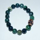 Men's 12 MM Faceted Moss Agate Stretch Bracelet With Yak Bone Skull 8.00"