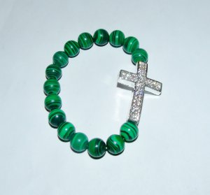 Green Malachite Sideways Cross stretch Bracelet 7.25"