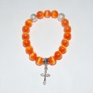 Women's 10 MM Orange Cat's Eye/Mexican Opal Stretch Bracelet with Silver Tone Cross Charm 7.25"