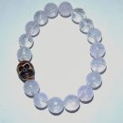 Men's 12 MM Faceted Rock Crystal Quartz Stretch Bracelet w/ Yak Bone Skull Charm 8.0"