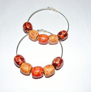 Handmade Wooden Hand Painted Drum Bead Silver Plated Earrings 80 MM