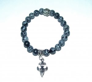 10 MM Snowflake Obsidian Stretch Fleur-de-Lis  Bracelet 7.5"