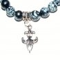10 MM Snowflake Obsidian Stretch Fleur-de-Lis  Bracelet 7.5"