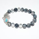 Women's 10 MM Black Labradorite and Swarovski Crystal Hamsa Stretch Bracelet 7.50"