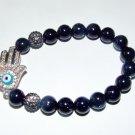 Blue Sand Sunstone Quartz Sitara Staras Hamsa Charm Stretch Bracelet 7.50"