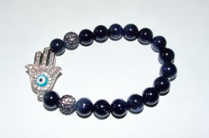 Blue Sand Sunstone Quartz Sitara Staras Hamsa Charm Stretch Bracelet 7.50"