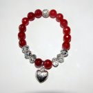 Women's 10 MM Faceted Red Jade Antique Silver Tone Heart Dangle Charm Stretch Bracelet 7.25"