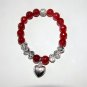 Women's 10 MM Faceted Red Jade Antique Silver Tone Heart Dangle Charm Stretch Bracelet 7.25"