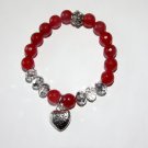 Women's 10 MM Faceted Red Jade Antique Silver Tone Heart Dangle Charm Stretch Bracelet 7.25"