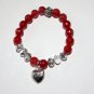 Women's 10 MM Faceted Red Jade Antique Silver Tone Heart Dangle Charm Stretch Bracelet 7.25"