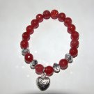 Women's 10 MM Faceted Red Jade Antique Silver Tone Heart Dangle Charm Stretch Bracelet 7.25"