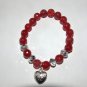 Women's 10 MM Faceted Red Jade Antique Silver Tone Heart Dangle Charm Stretch Bracelet 7.25"