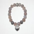 Women's 10 MM Gray Agate Antique Silver Tone Dangle Heart Stretch Bracelet 7.5"