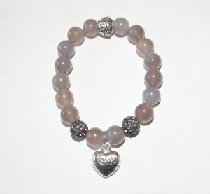 Women's 10 MM Gray Agate Antique Silver Tone Dangle Heart Stretch Bracelet 7.5"