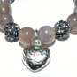 Women's 10 MM Gray Agate Antique Silver Tone Dangle Heart Stretch Bracelet 7.5"