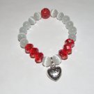 Women's White 10 MM Cat's Eye Mexican Opal Stretch Bracelet with Antique Silver-Tone Heart 7.25"