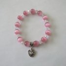 Women's 10 MM Pink Cat's Eye Mexican Opal  Heart Charm Bracelet 7.5"
