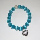Women's 10 MM Blue Cat's Eye Mexican Opal  Heart Charm Bracelet 7.5"