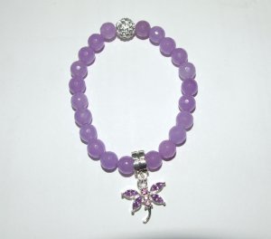 Women's 8 MM Purple Jade Dragonfly Charm Stretch Bracelet 7.25"