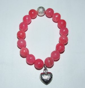 Women's 12 MM Pink Agate Puffed Heart Stretch Bracelet 7.25"