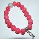 Women's 12 MM Pink Agate Awareness Ribbon Dangle Charm Stretch Bracelet 7.50"