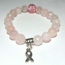 Women's 10 MM Faceted Rose Quartz Awareness Ribbon Stretch Bracelet 7.00"