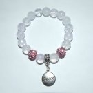 Women's 10 MM Rock Crystal Quartz "Peace" Charm Stretch Bracelet 7.25"