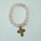 Women's 10 MM Faceted Rose Quartz Scapular  Bronze Cross Stretch Bracelet 7.25" #196