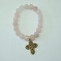 Women's 10 MM Faceted Rose Quartz Scapular  Bronze Cross Stretch Bracelet 7.25" #196