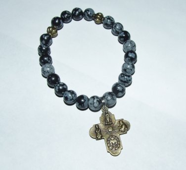 Women's 8 MM Snowflake Obsidian Bronze Scapular Cross Stretch Bracelet 7.50" #197