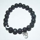 Men's 10 MM Black Lava Stretch Bracelet With Antique Silver-Tone OM Charm and Evil Eye  8.0" #198
