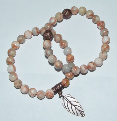 Women's 8 MM Net Jasper Stretch Bracelet Set with Copper Leaf 7.50" #201