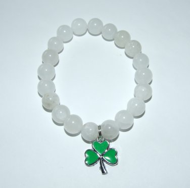 Women's White 10 MM Agate Enamel Shamrock Stretch Bracelet 7.50" #202