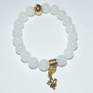 Women's 10 MM White Jade Gold Fleur-de-Lis Stretch Bracelet 7.50" #205