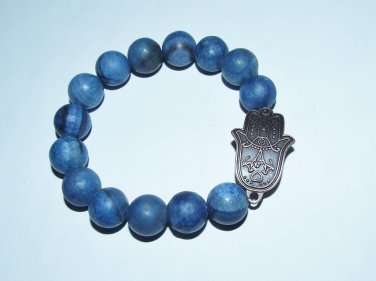 Men's 14 MM Matte Blue Jade Hamsa Stretch Bracelet 8.25" #206