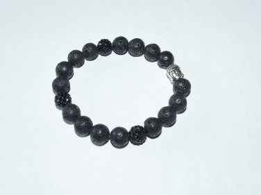 Black Lava Stone Stretch Bracelet With Two Sided  Buddha Head 7.50" #207
