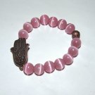 Women's 10 MM Pink Cat's Eye Mexican Opal  Copper Hamsa Charm Bracelet 7.5" #210
