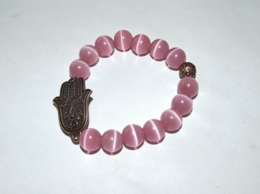 Women's 10 MM Pink Cat's Eye Mexican Opal  Copper Hamsa Charm Bracelet 7.5" #210
