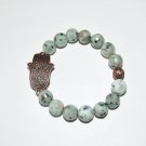 Men's 12 MM Faceted Kiwi Jasper Copper Hamsa Stretch Bracelet 8.0" #218