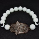 Unisex 10 MM Faceted White Jade Copper Hamsa Stretch Bracelet 7.75" #228