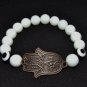 Unisex 10 MM Faceted White Jade Copper Hamsa Stretch Bracelet 7.75" #228