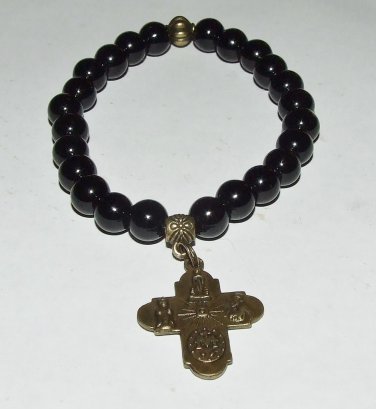 Women's 8 MM Black Agate Bronze Scapular Cross Stretch Bracelet 7.25" #231